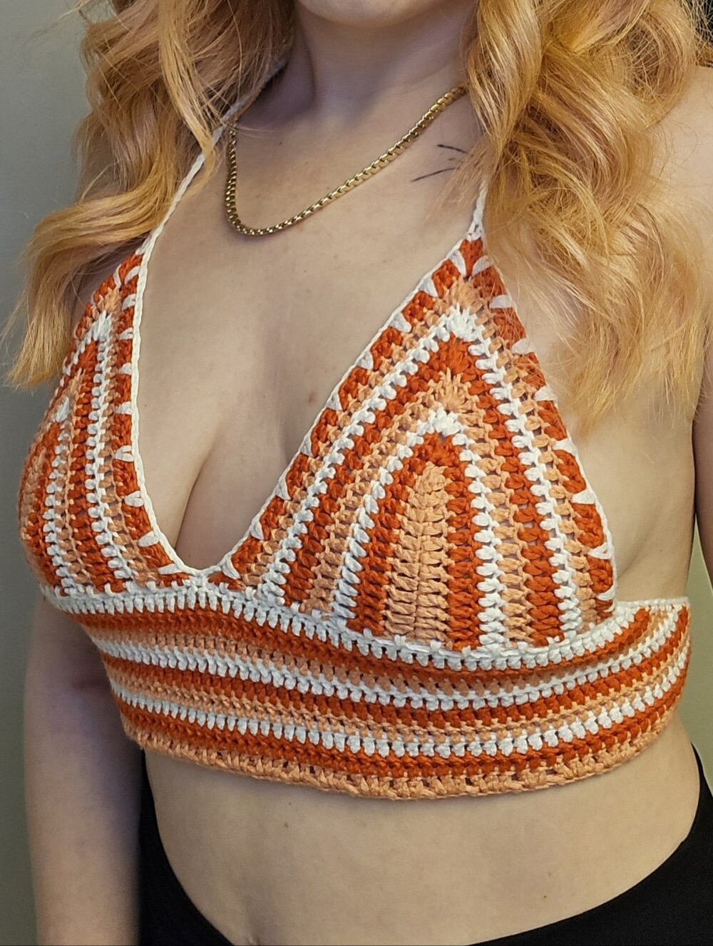 Handmade Crochet Halter Bralette in Orange & Cream